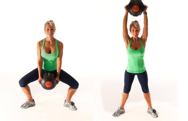 Sumo squat with medicine ball press - Squat variations - Women's Health & Fitness
