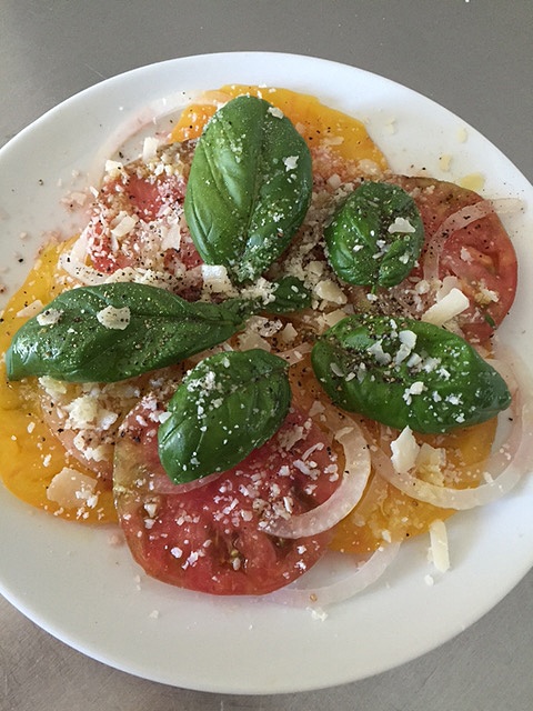 Here is a variation. I used fresh basil, shaved parmigiano reggiano and added thinly sliced white onion. Delicious and not as calorie heavy as this recipe.