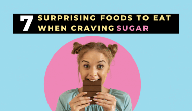 woman eating chocolate with text overlay foods to eat when craving sugar