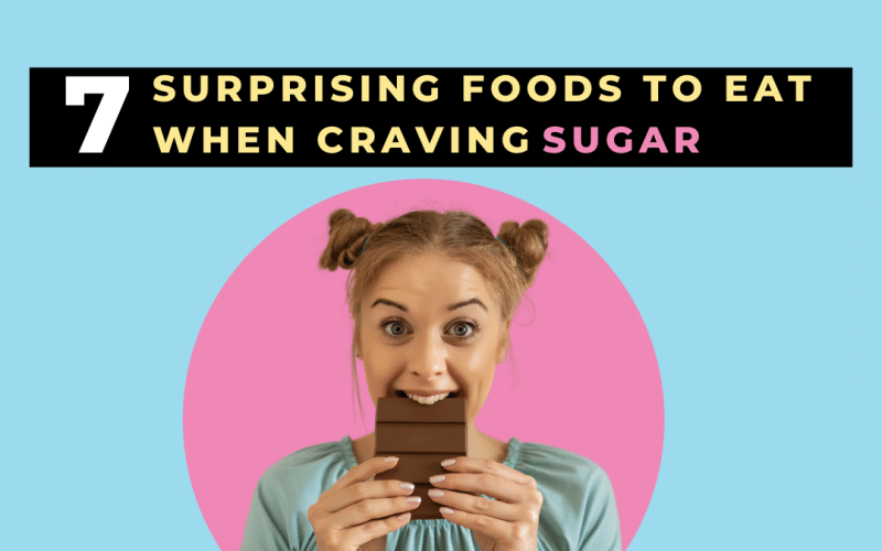 woman eating chocolate with text overlay foods to eat when craving sugar