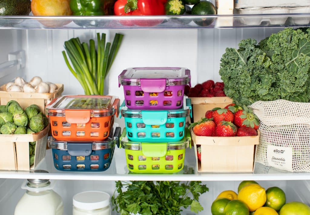 Healthy food meal prepped inside a refrigerator to help sleep better