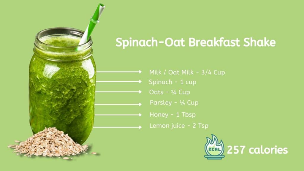 Spinach oat breakfast shake with ingredients and calories